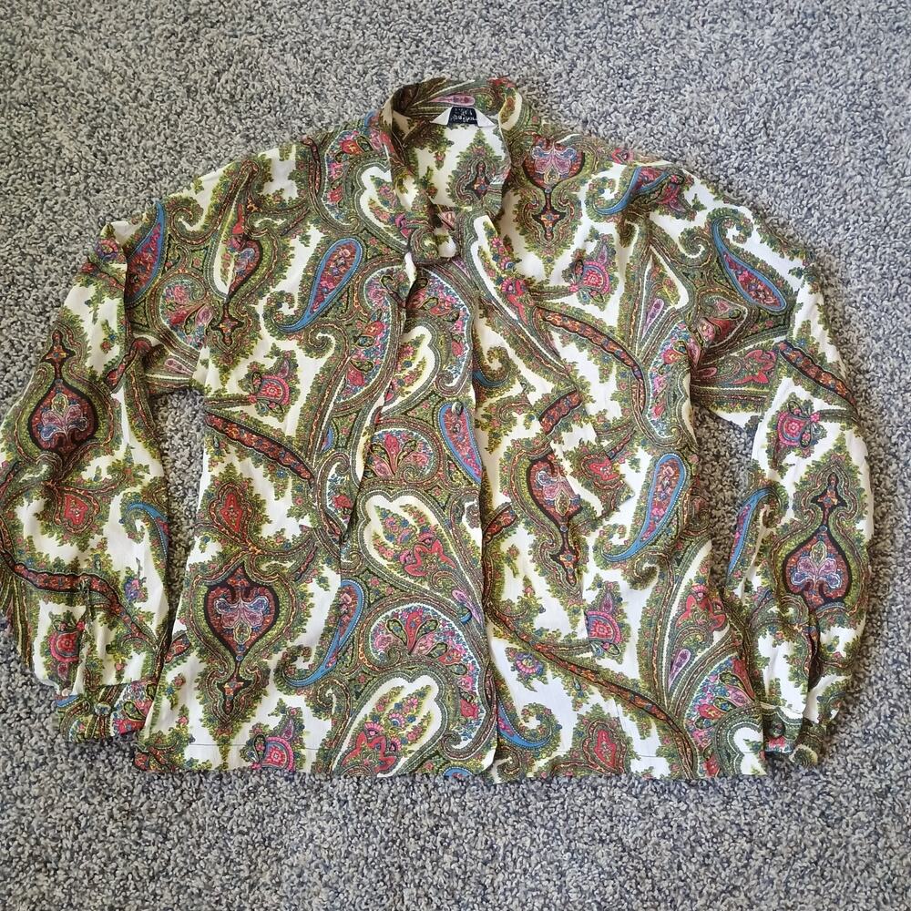 Ship N Shore Vintage 70s Paisley Groovy Psychedelic Long Sleeve Blouse Dracon XS